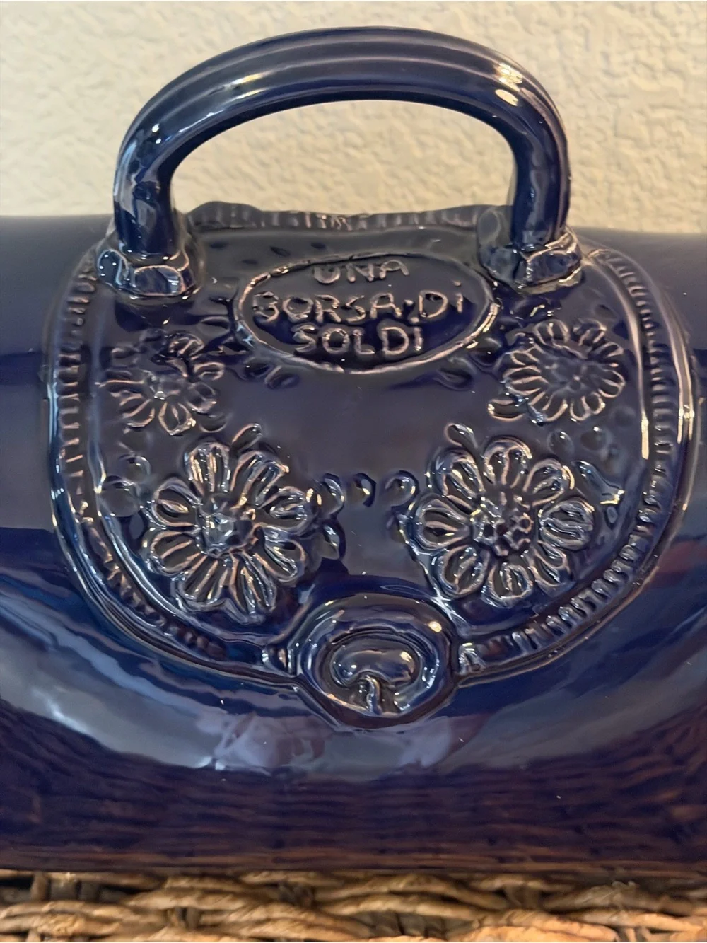 Vintage Italian Ceramic Handbag Sculpture Cobalt Blue Floral Purse Decor 10x6x4”